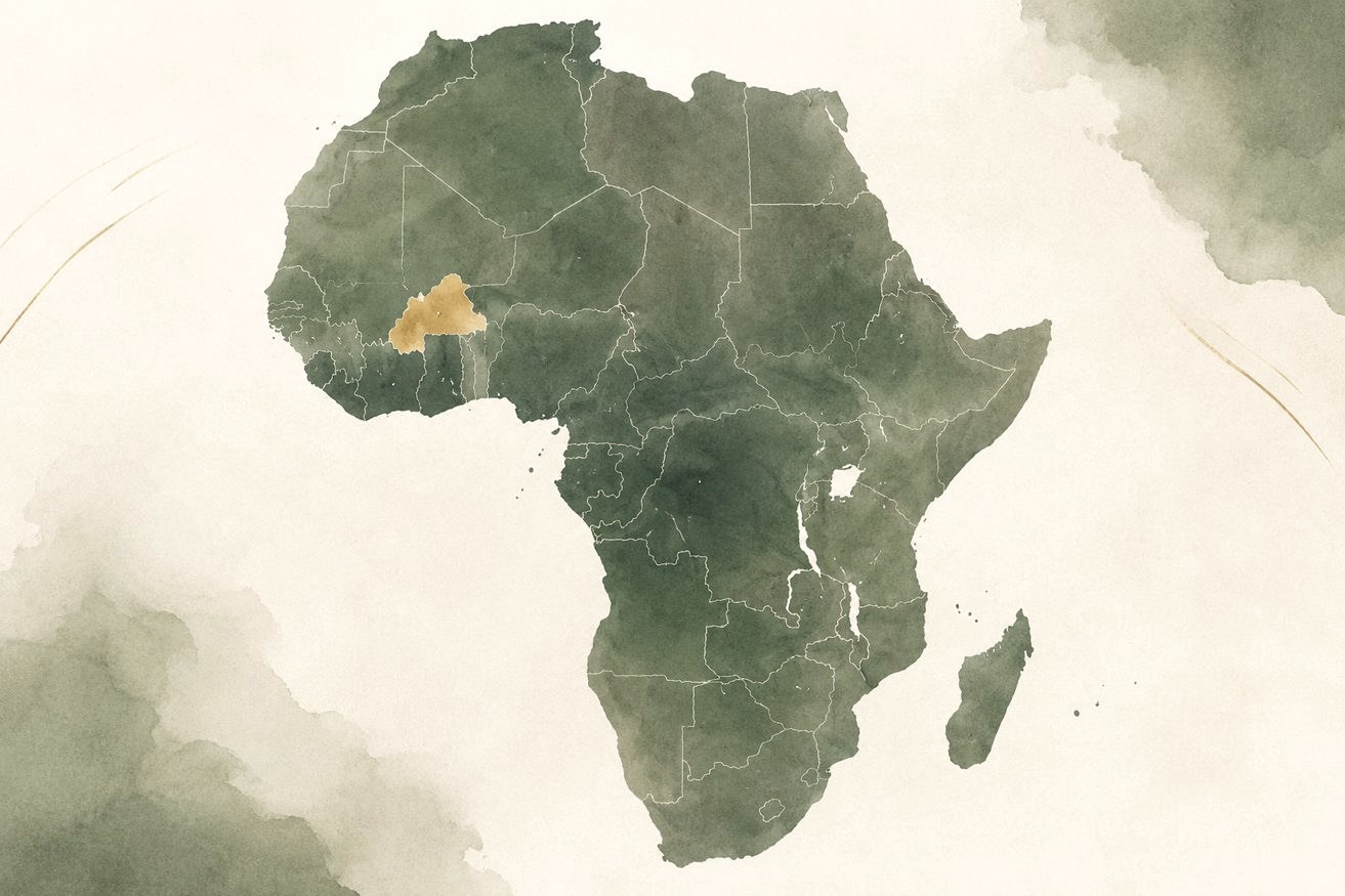 Map of Africa with Burkina Faso highlighted in gold, marking Hayah's planned base of operations