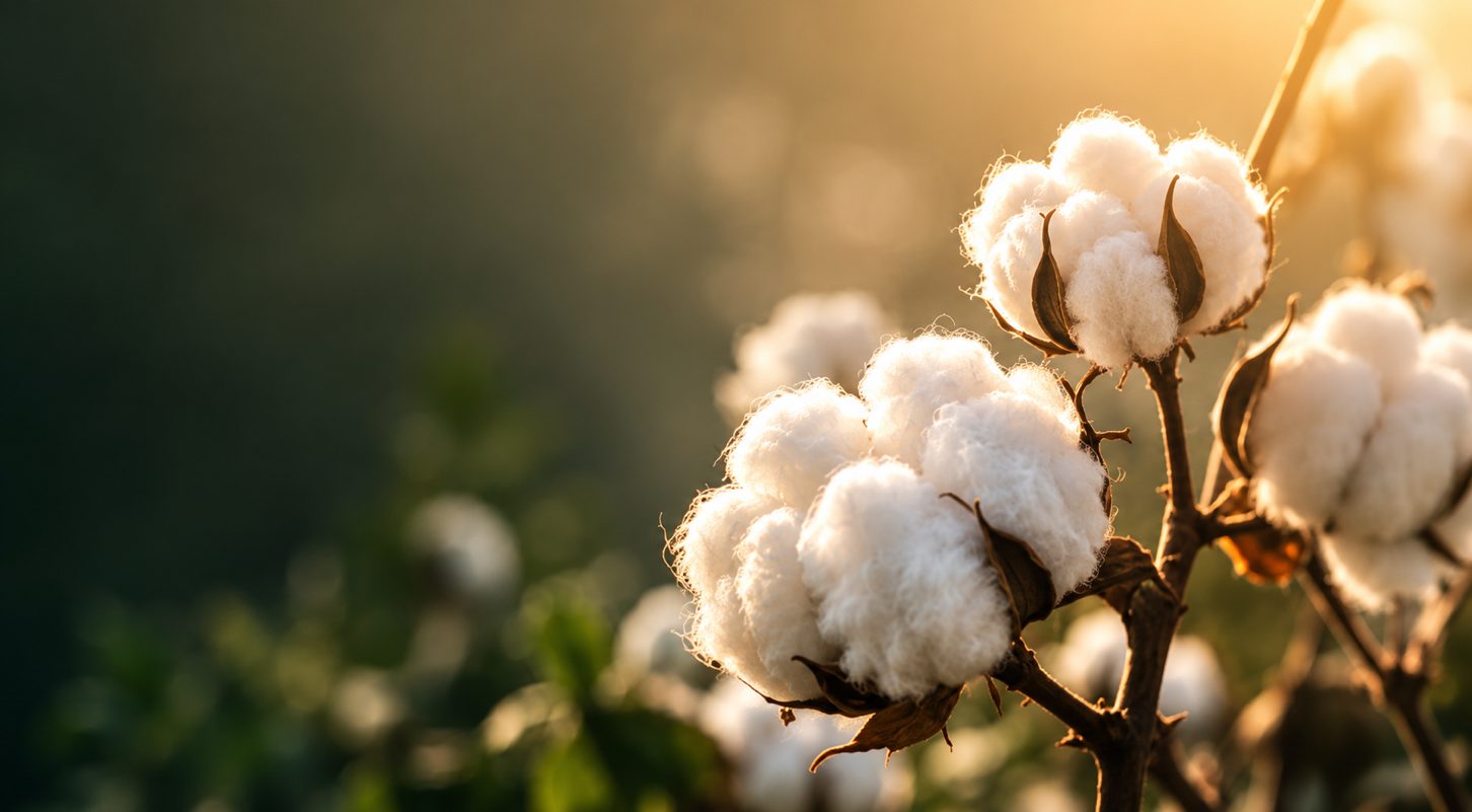 Cotton field at golden hour, the raw material behind Hayah's planned manufacturing platform