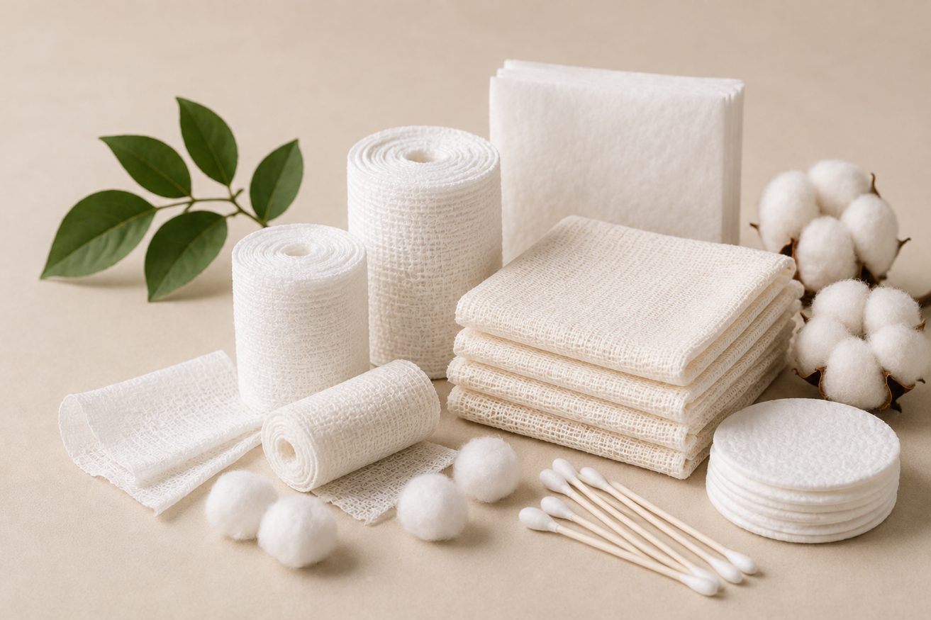 Gauze rolls, cotton balls, cotton swabs, and cloth squares representing future manufacturing categories