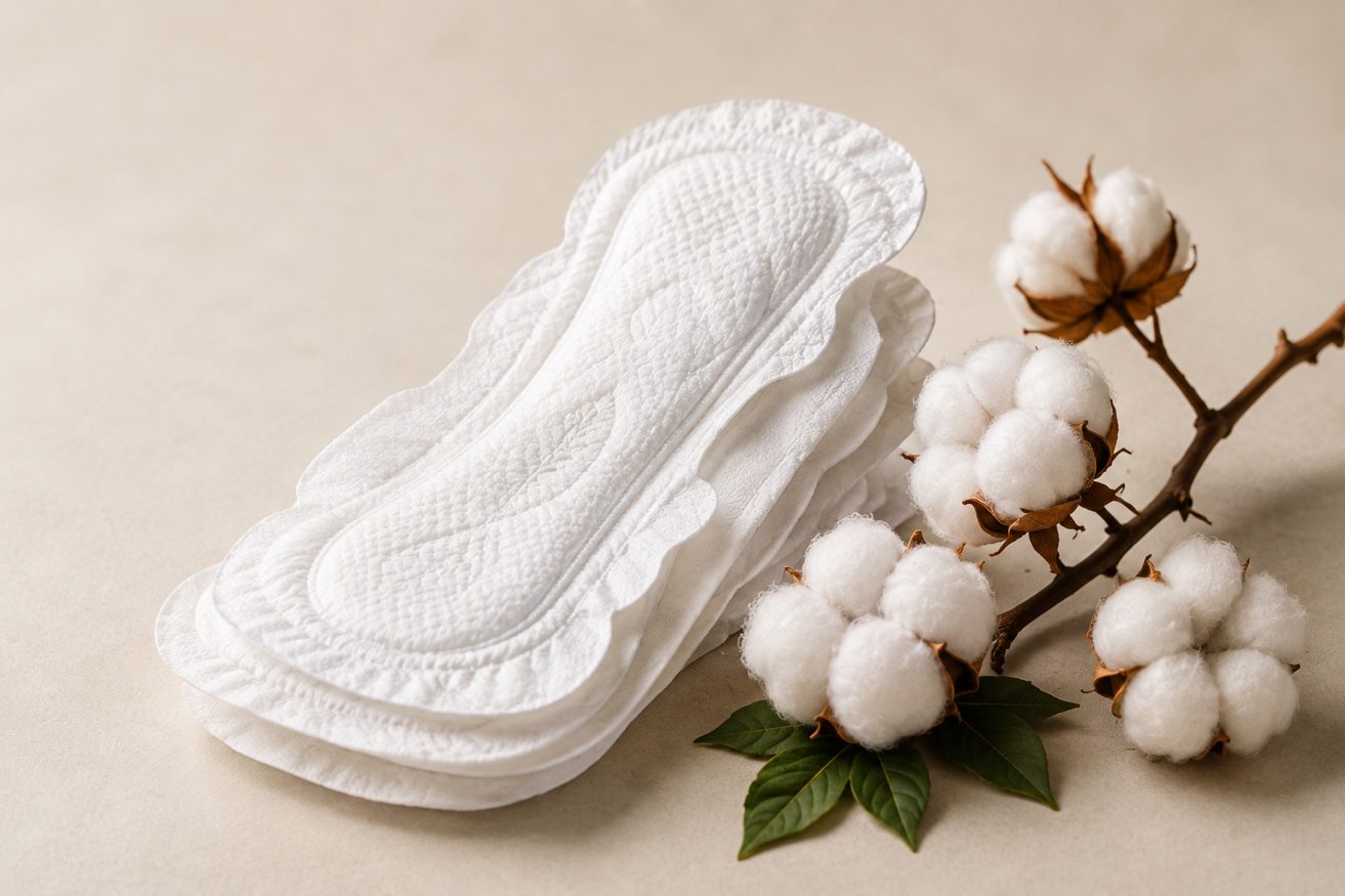 Sanitary pads alongside raw cotton, representing Hayah's initial production focus